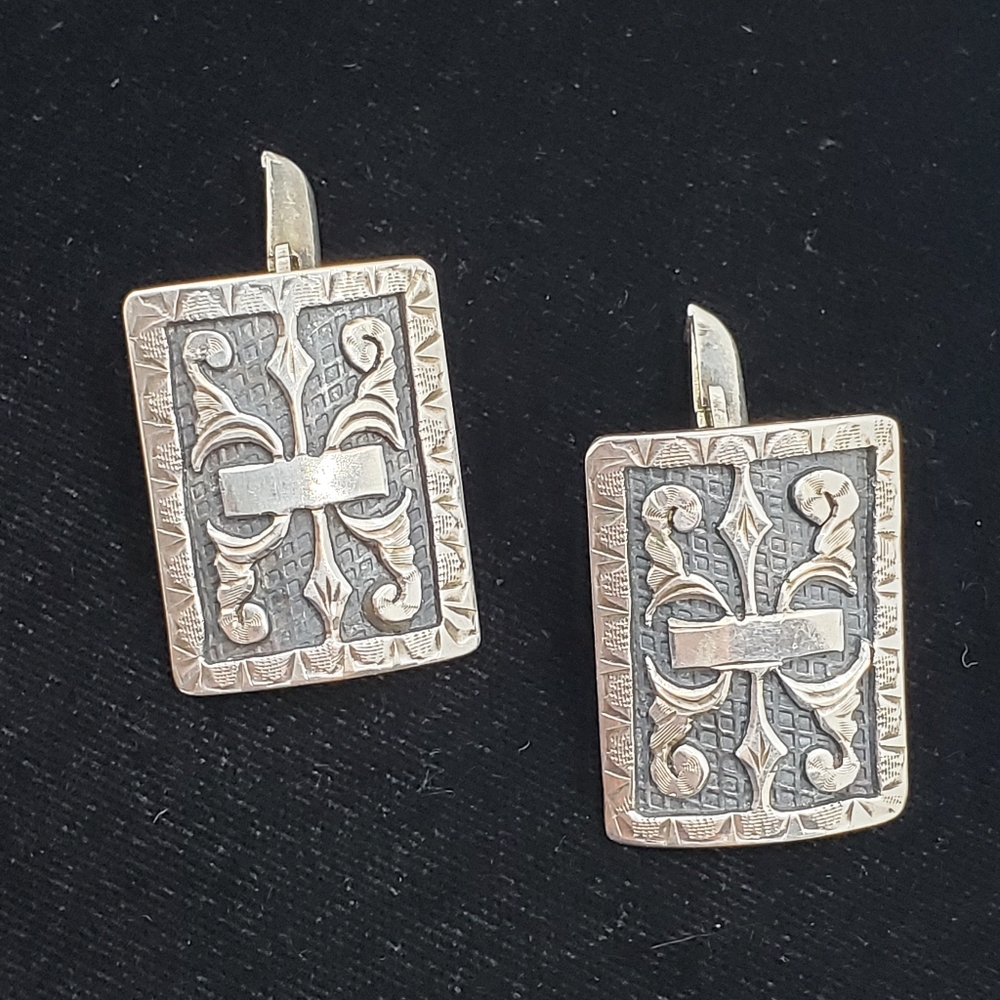 Vintage Signed Mexican Sterling Cufflinks Carved Oxidized Fancy Classic Large
